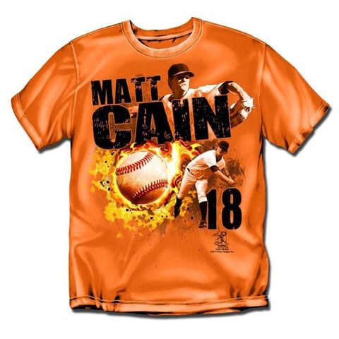 San Francisco Giants MLB Matt Cain #18 Fireball Mens Tee (Orange) (Small)