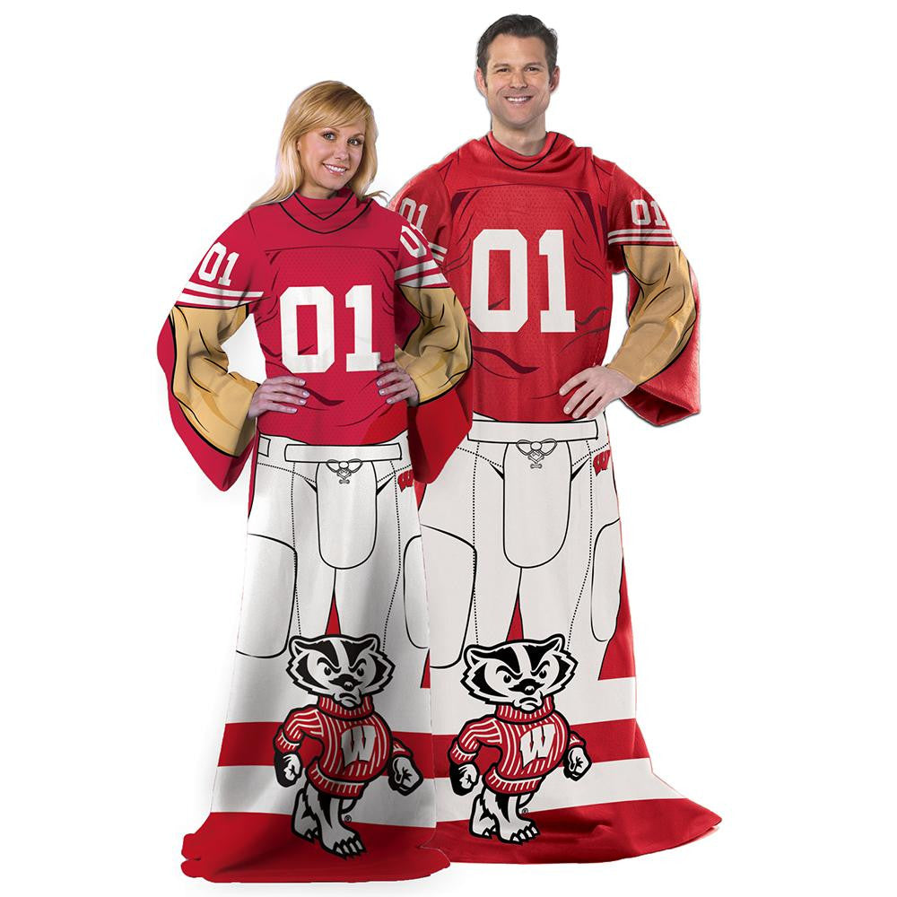 Wisconsin Badgers Ncaa Adult Uniform Comfy Throw Blanket W- Sleeves