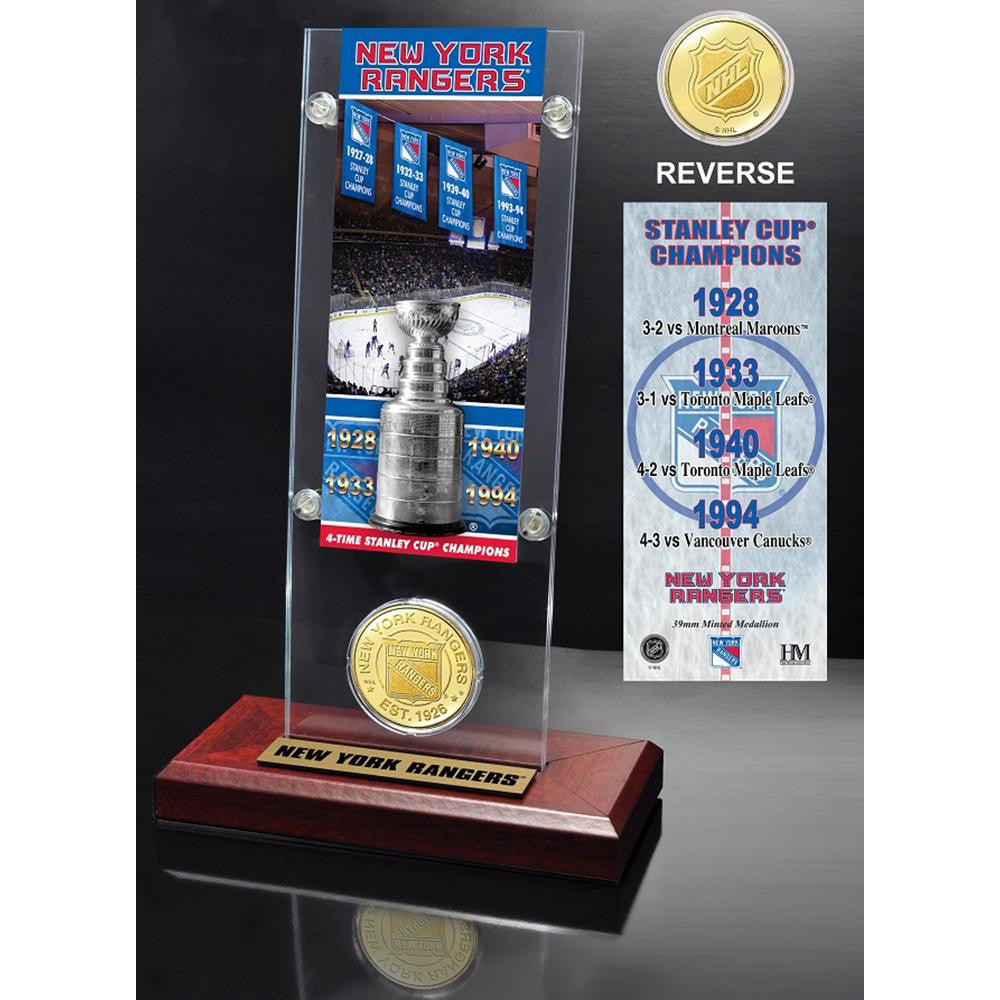 New York Rangers 4x Stanley Cup Champions Ticket and Bronze Coin Acrylic Display