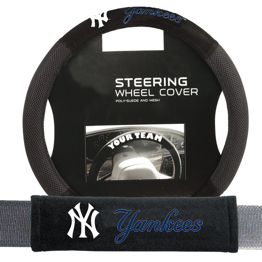 New York Yankees MLB Steering Wheel Cover and Seatbelt Pad Auto Deluxe Kit (2 Pc Set)