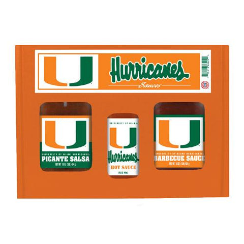 Miami Hurricanes Ncaa Tailgate Kit (5oz Hot Sauce, 16oz Bbq Sauce, 16oz Picante Salsa)