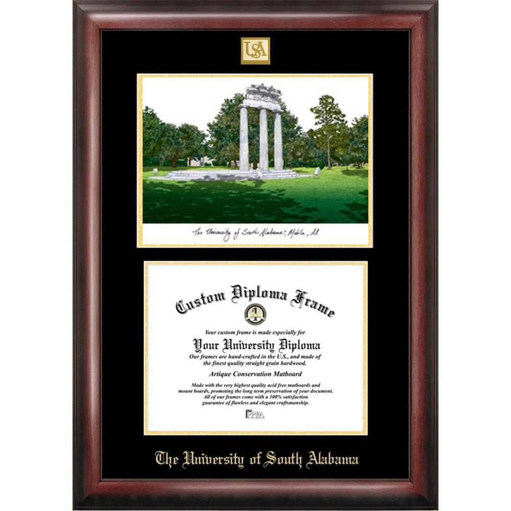 University Of South Alabama Gold Embossed Diploma Frame With Limited Edition Lithograph.