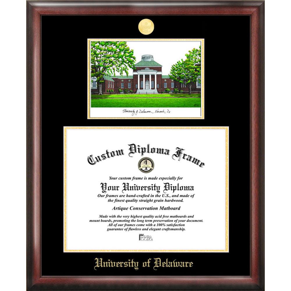 University Of Delaware Gold Embossed Diploma Frame With Campus Images Lithograph