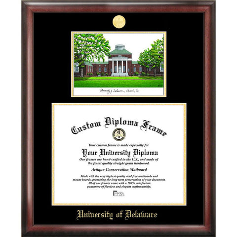 University Of Delaware Gold Embossed Diploma Frame With Campus Images Lithograph