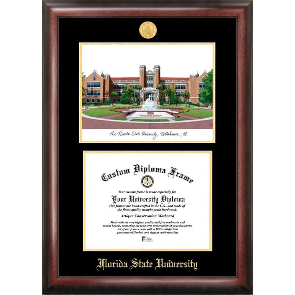 Florida State University Gold Embossed Diploma Frame With Campus Images Lithograph