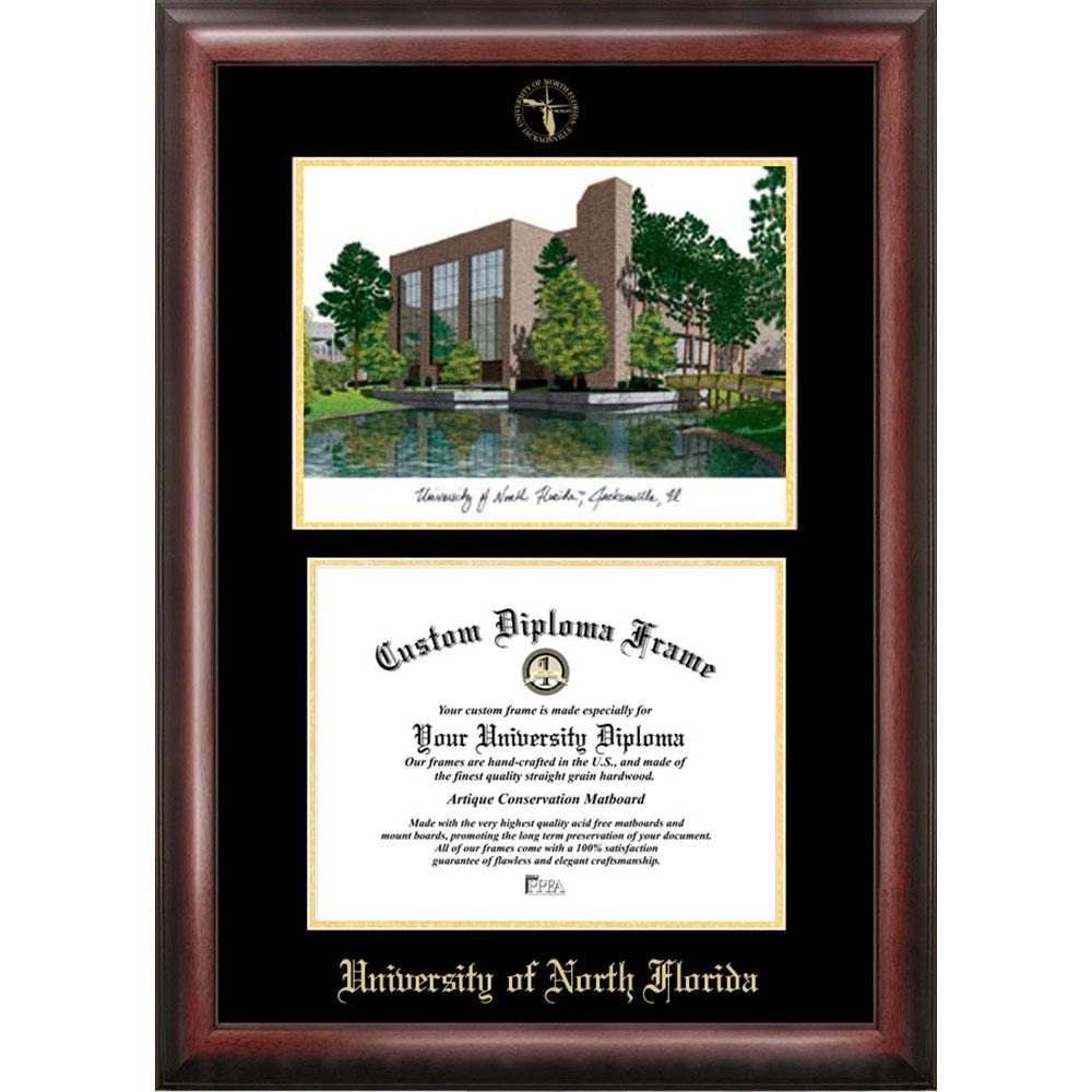 University Of North Florida Gold Embossed Diploma Frame With Campus Images Lithograph