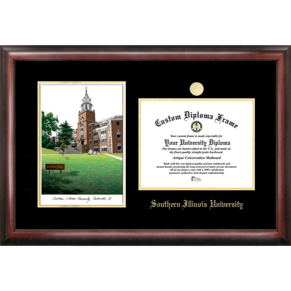 Southern Illinois  University Gold Embossed Diploma Frame With Campus Images Lithograph