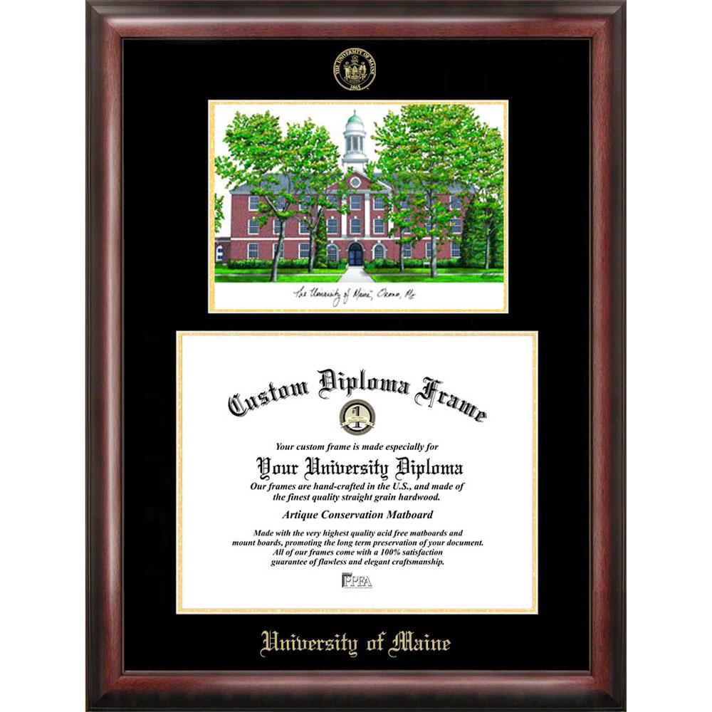 Maine University Gold Embossed Diploma Frame With Campus Images Lithograph