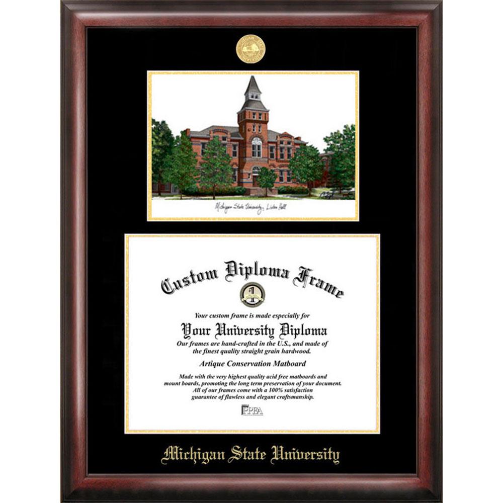 Michigan State U:  Linton Hall Gold Embossed Diploma Frame With Limited Edition Lithograph