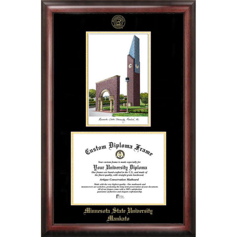 Minnesota State University Mankato Gold Embossed Diploma Frame With Campus Images Lithograph