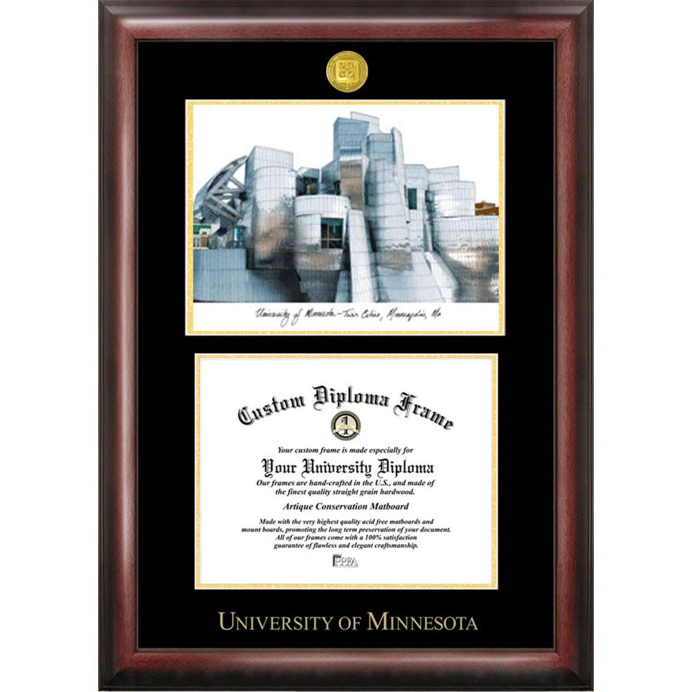 University Of Minnesota Gold Embossed Diploma Frame With Campus Images Lithograph