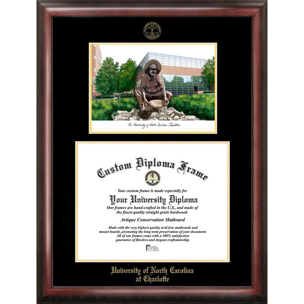 University Of North Carolina, Charlotte Gold Embossed Diploma Frame With Campus Images Lithograph