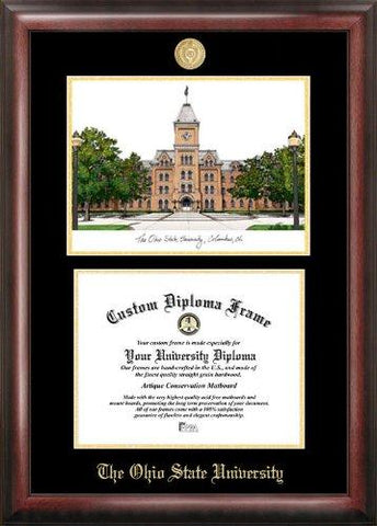 Ohio State University Gold Embossed Diploma Frame With Campus Images Lithograph