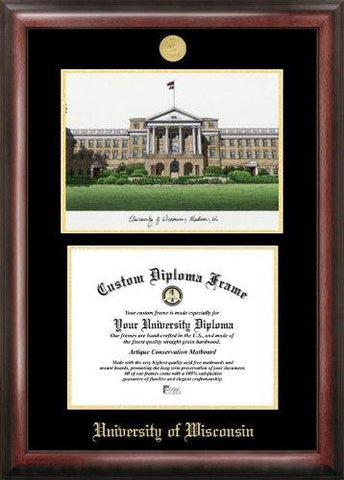 University Of Wisconsin Badgers Gold Embossed Diploma Frame With Campus Image...