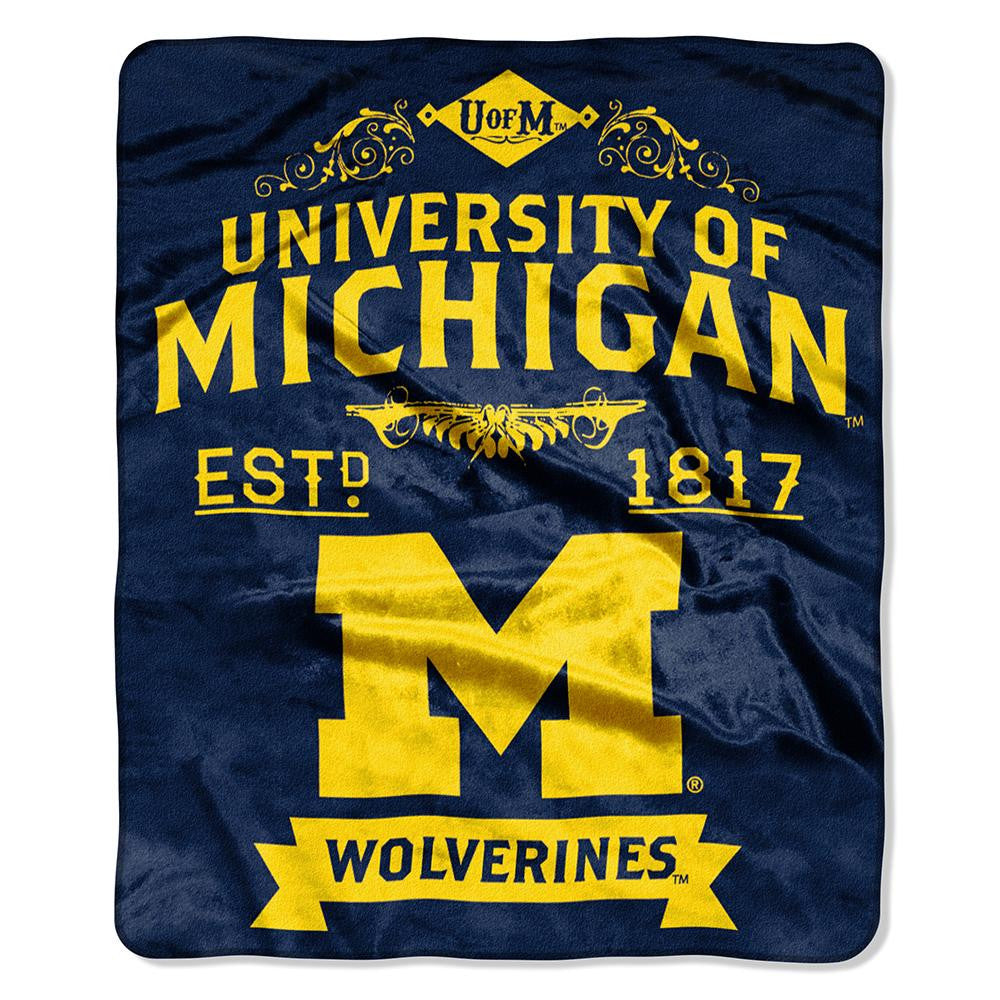 Michigan Wolverines Ncaa Royal Plush Raschel Blanket (label Series) (50"x60")